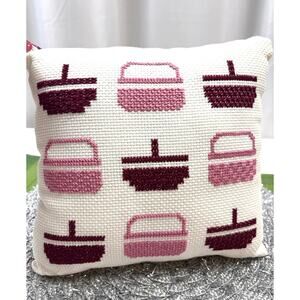 Vintage 90s Handmade Cross-Stitch Small Throw Pillow Basket Design Country Decor